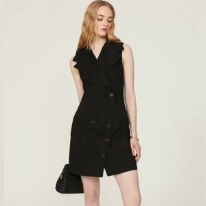 Toccin Trench Wrap Dress Sleeveless Oversized Notch Lapel Belted Mini Black 2
